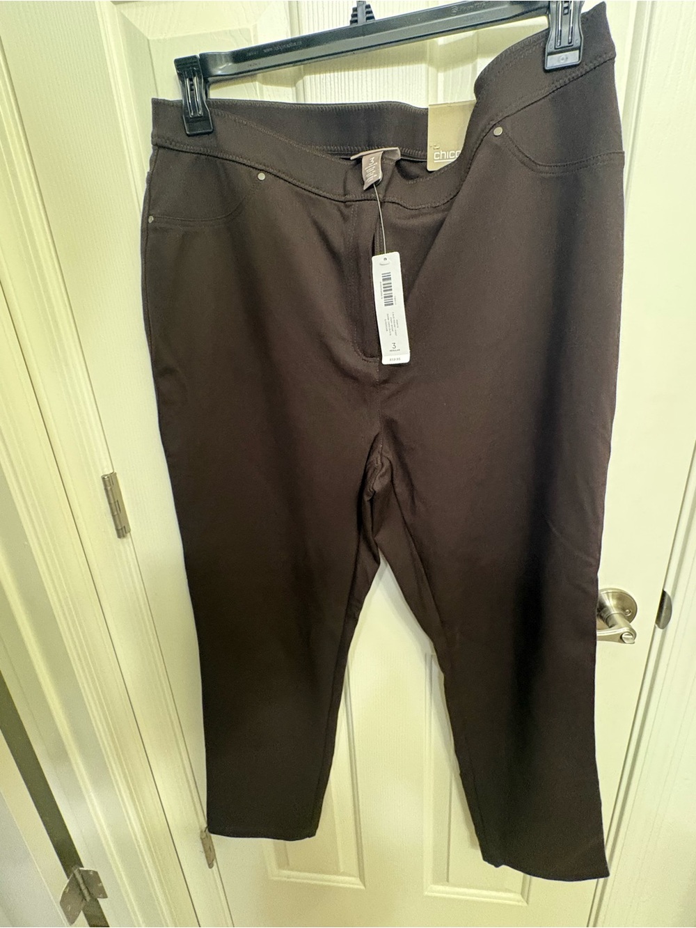 NWT-3- Chico's Dark Brown Slim Leg Ponte Pants, Zipper, Button